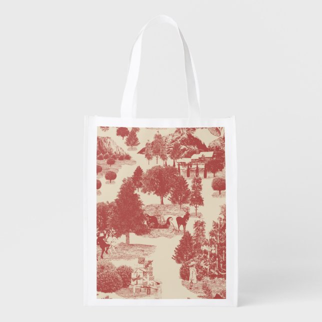Deep Red and Cream Christmas Winter Wonderland Grocery Bag (Front)