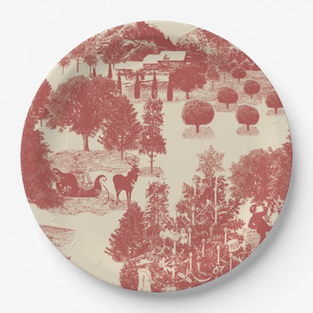 Deep Red and Cream Christmas Winter Wonderland Paper Plates (Front)