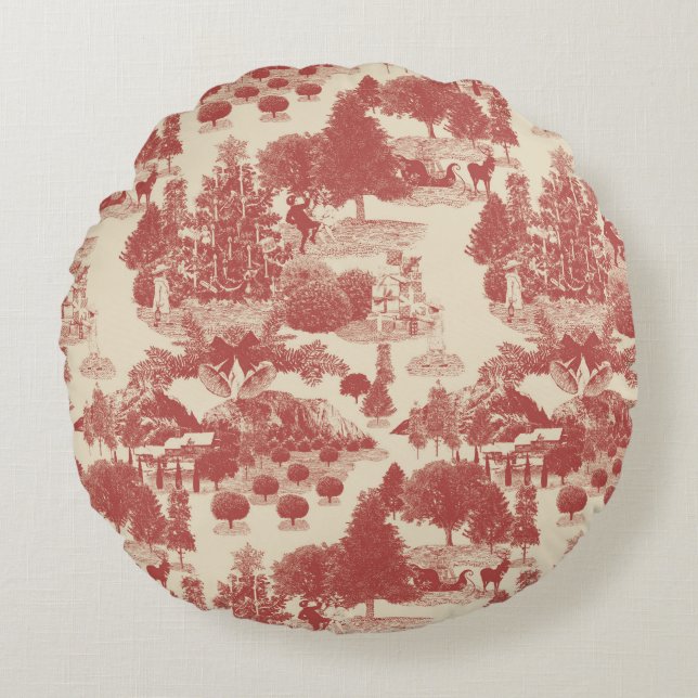 Deep Red and Cream Christmas Winter Wonderland Round Pillow (Front)