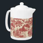 Deep Red and Cream Christmas Winter Wonderland Teapot<br><div class="desc">Celebrate Christmas right this year with this gorgeous teapot featuring a toile design with a beautiful Christmas tree in the foreground being discovered by a curious child. A dancing couple, trees, Santa's sleigh, presents, and a reindeer all grace the med ground. And, in the background, there's a cozy winter cabin...</div>