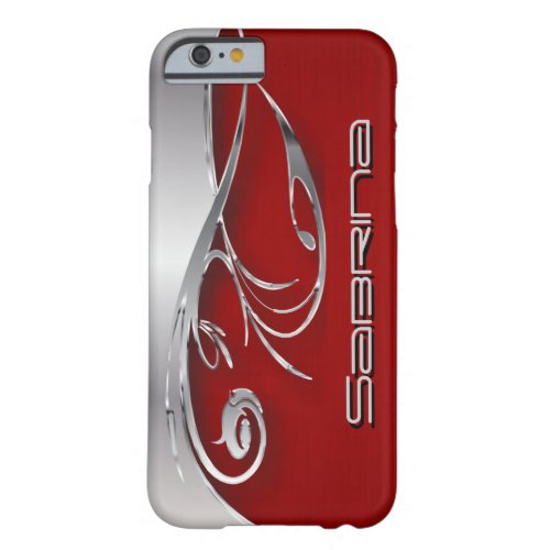 Deep Red and Elegant Silver Metal Print Barely There iPhone 6 Case