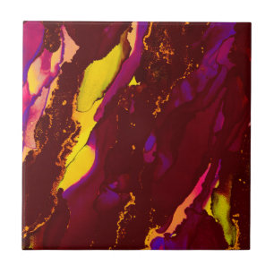 Deep Red and Gold Alcohol Ink Painting Ceramic Tile