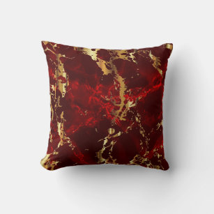 Deep Red and Gold Marble Throw Pillow