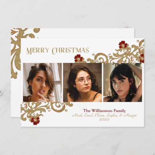 Deep Red and Gold Swirls Merry Christmas  Photo Holiday Card