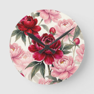 Deep Red and Pink Peony Floral Watercolor Pattern Round Clock
