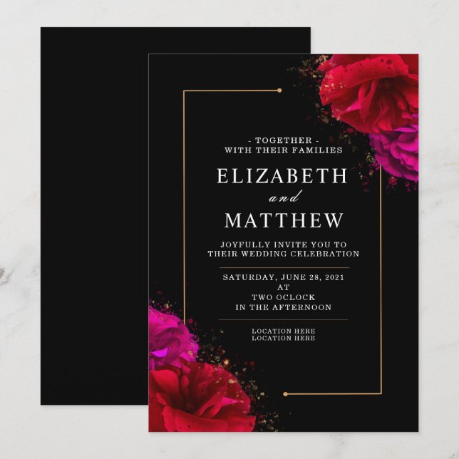 Deep Red and Pink Rose with Gold Ornate border Inv Invitation (Front/Back)