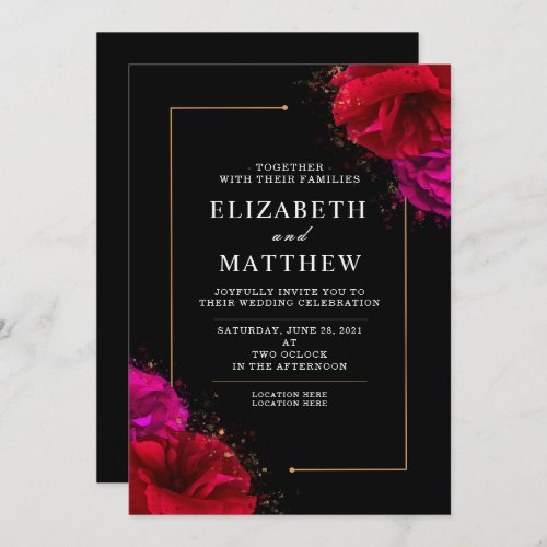 Deep Red and Pink Rose with Gold Ornate border Inv Invitation