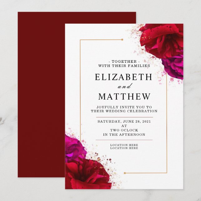 Deep Red and Pink Rose with Gold Ornate border Invitation (Front/Back)