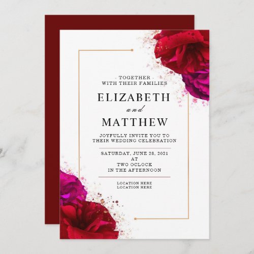 Deep Red and Pink Rose with Gold Ornate border Invitation