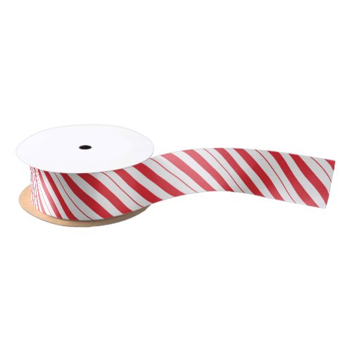 Deep Red and White Candy Cane Diagonal Striped Satin Ribbon