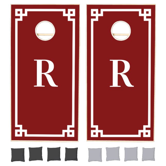 Deep Red and White Greek Key Border Monogrammed Cornhole Set (Set)