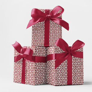Deep Red and White Greek Key Pattern Wrapping Paper