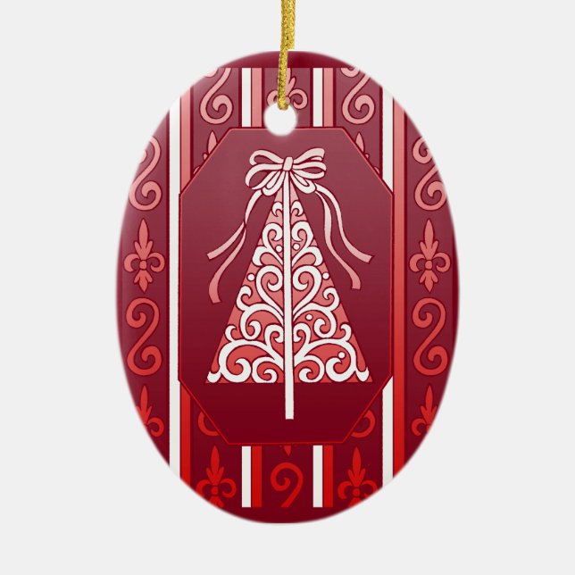 Deep Red And White Swirls Stripes Christmas Tree Ceramic Ornament (Front)