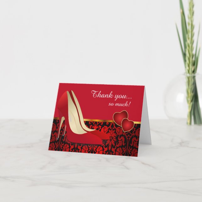 Deep Red, Black Damask and Red Pumps Thank You Card (Front)