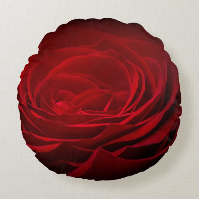 Deep Red Blood Rose On Black Round Pillow (Front)