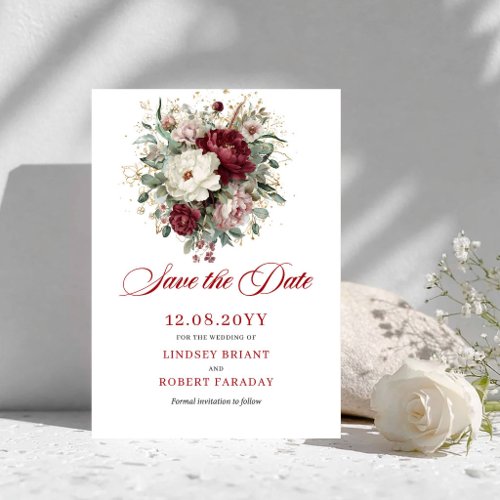 Deep Red Blush Burgundy Floral Save The Date
