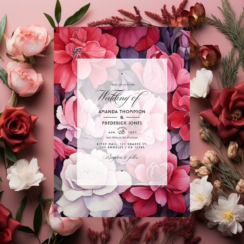 Deep Red Blush Pink and Silver Floral Wedding Invitation