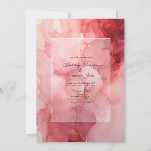 Deep Red Blush Pink and Silver Ink Wedding Invitation