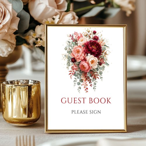 Deep Red Bohemian Floral Guest Book 8x10 Sign