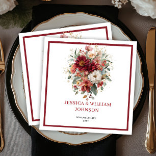 Deep Red Boho Floral Fall Eucalyptus Wedding Napkins