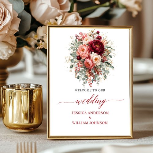 Deep Red Boho Floral Tabletop Eucalyptus Wedding Poster