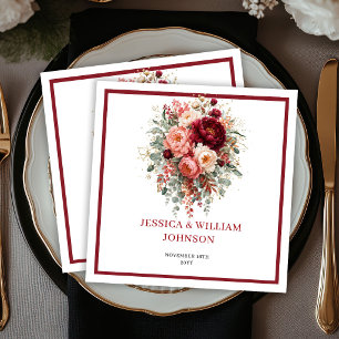 Deep Red Boho Flowers Autumn Eucalyptus Wedding Napkins