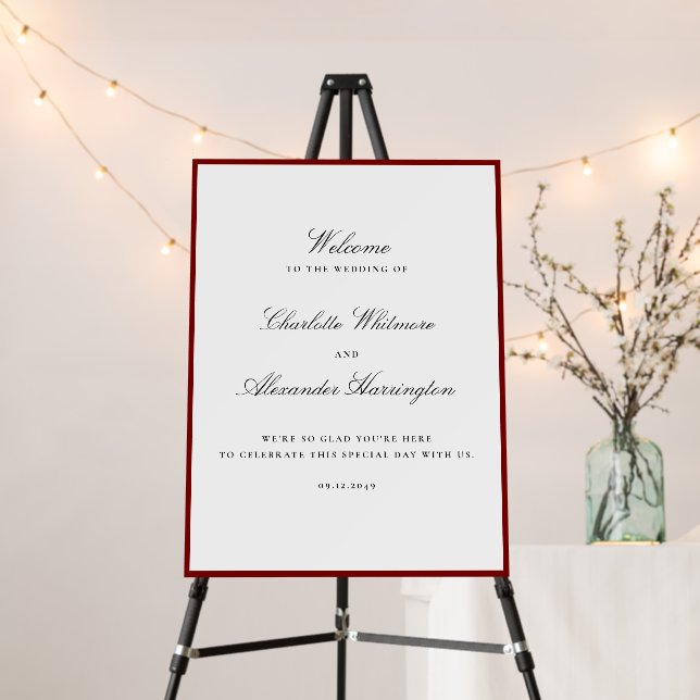 Deep Red Border Wedding Welcome Sign (In Situ (Stand))