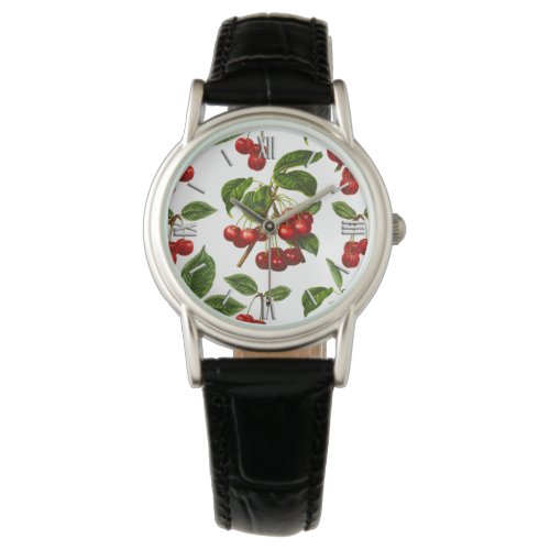 Deep Red Botanical Cherry Pattern Watch