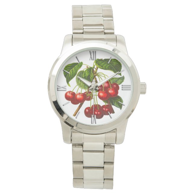 Deep Red Botanical Cherry Print Watch (Front)
