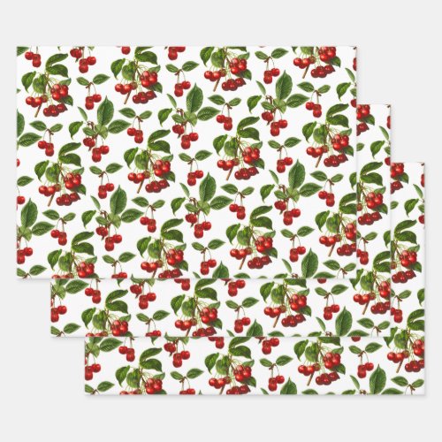 Deep Red Botanical Cherry Print Wrapping Paper Sheets