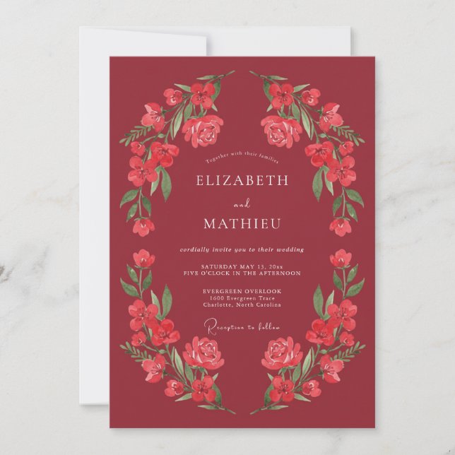 Deep Red Botanical Watercolor Wedding Invitation (Front)