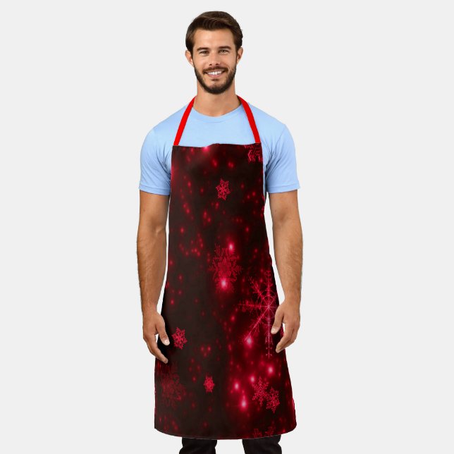 Deep Red Bright Snowflakes Holidays Large Apron (Worn)