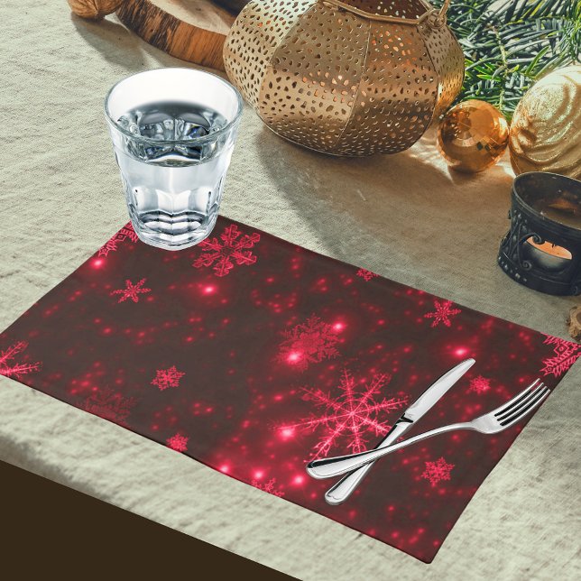 Deep Red & Bright Snowflakes Woven Cotton Cloth Placemat (Deep Red & Bright Snowflakes Woven Cotton Cloth Placemat)