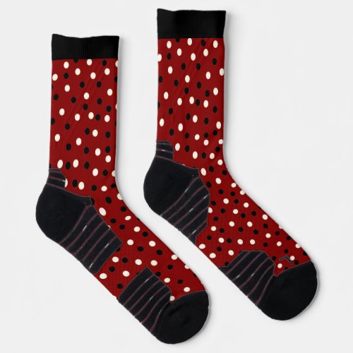 Deep Red Burgundy Black  White Poke A Dots Design Socks