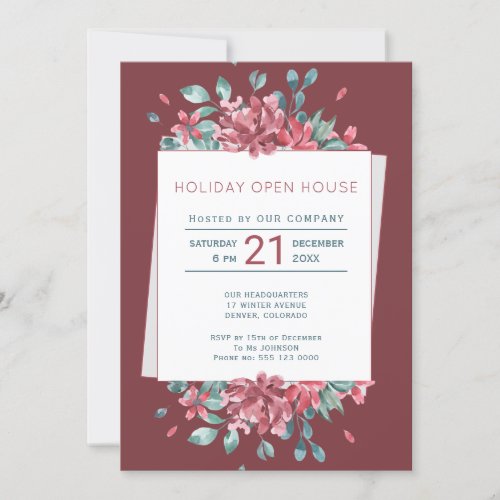Deep Red Burgundy Blooms Holiday Open House Invitation
