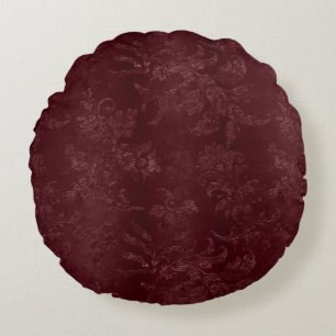 Deep Red Burgundy Floral Christmas Round Pillow