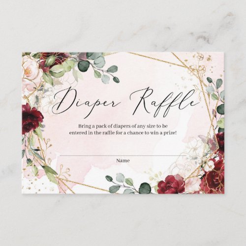 Deep red burgundy floral gold frame diaper raffle enclosure card