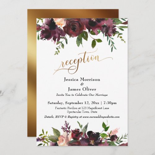 Deep Red Burgundy Floral Gold Reception Typography Invitation
