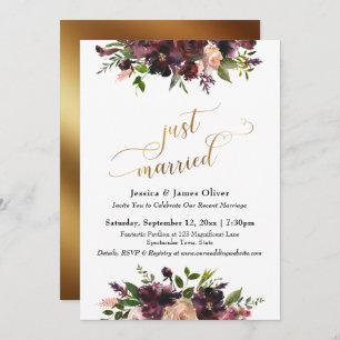 Deep Red Burgundy Floral Gold Script Just Married Invitation