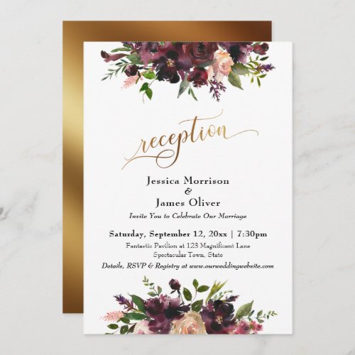 Deep Red Burgundy Floral Gold Script Reception Invitation