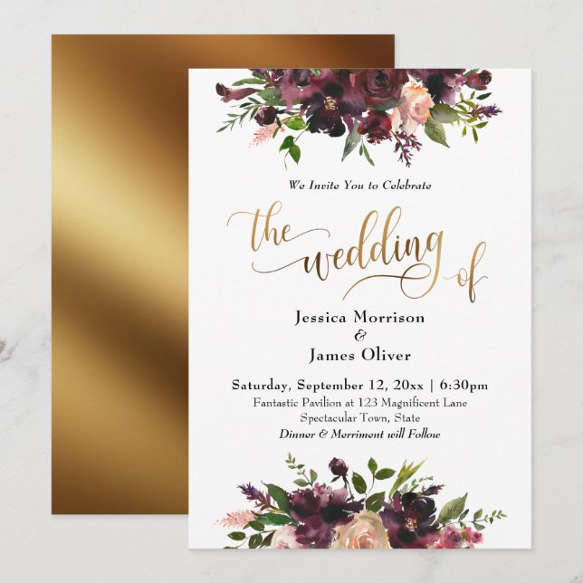 Deep Red Burgundy Floral Gold The Wedding of Invitation (Front/Back)