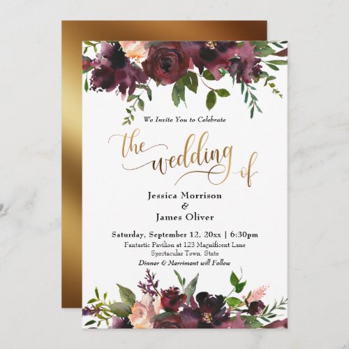 Deep Red Burgundy Floral Gold Typography Wedding Invitation