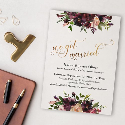 Deep Red Burgundy Floral  Gold We Got Married Invitation