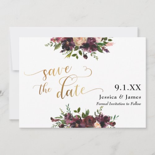 Deep Red Burgundy Floral Save the Date Gold Script
