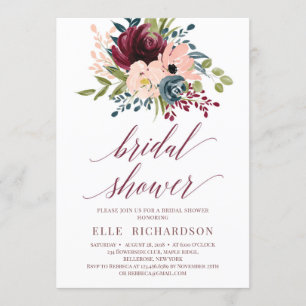 Deep red burgundy navy floral bridal shower invitation