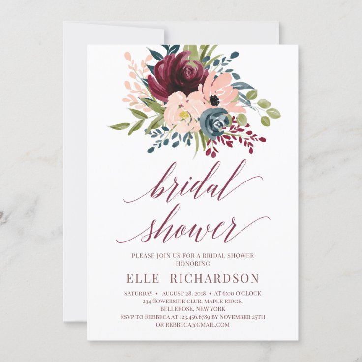 Deep red burgundy navy floral bridal shower invitation | Zazzle