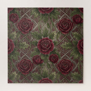 Deep Red Burgundy Roses Green Ornate Lattice  Jigsaw Puzzle