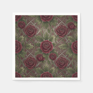 Deep Red Burgundy Roses Green Ornate Lattice Napkins