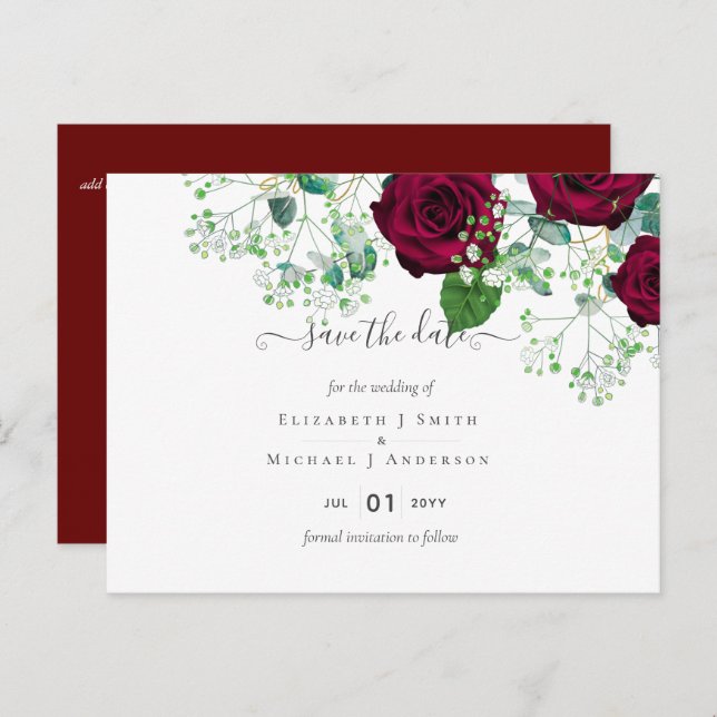 Deep Red Burgundy Roses Wedding Save Date Postcard (Front/Back)
