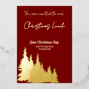 Deep Red Butter Yellow Trees Merry Christmas Gold Foil Invitation